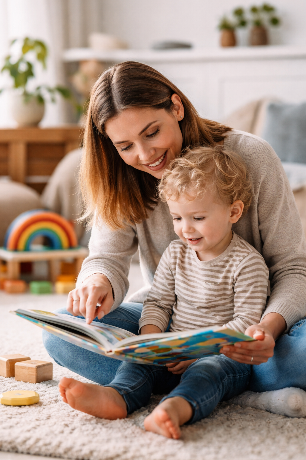Ouder leest samen met een jong kind een prentenboek in huiselijke omgeving ter ondersteuning van spraak en taalontwikkeling