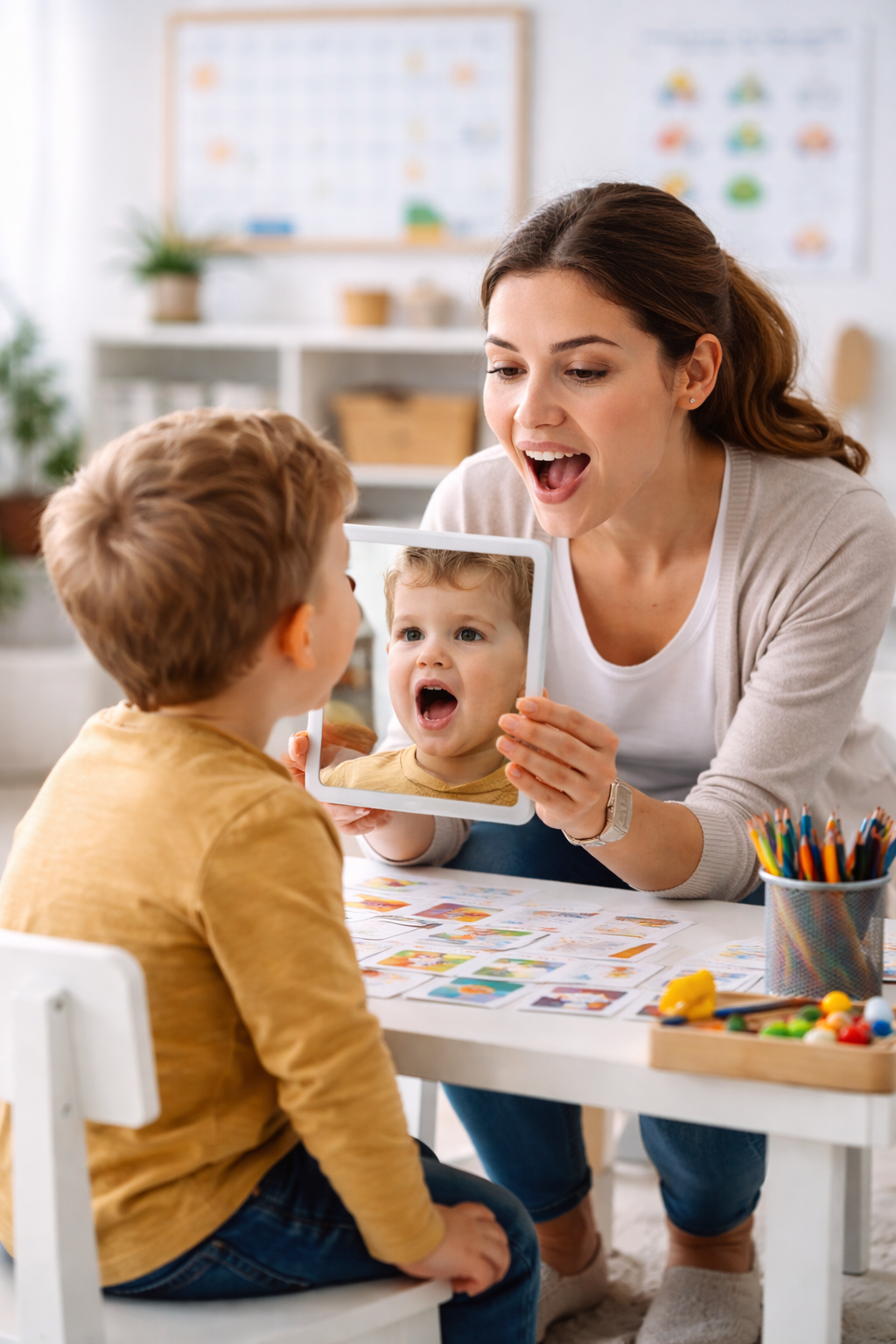 Logopedist begeleidt een jong kind tijdens een logopedische oefening gericht op communicatie en spraakontwikkeling